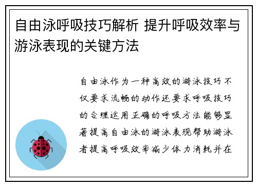 自由泳呼吸技巧解析 提升呼吸效率与游泳表现的关键方法