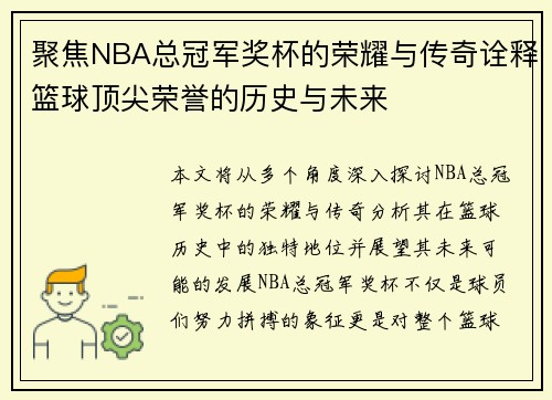 聚焦NBA总冠军奖杯的荣耀与传奇诠释篮球顶尖荣誉的历史与未来