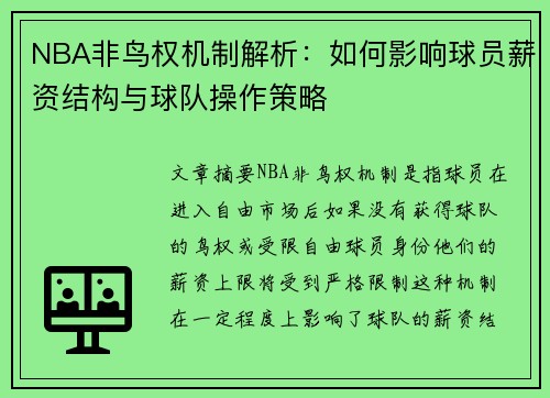 NBA非鸟权机制解析：如何影响球员薪资结构与球队操作策略