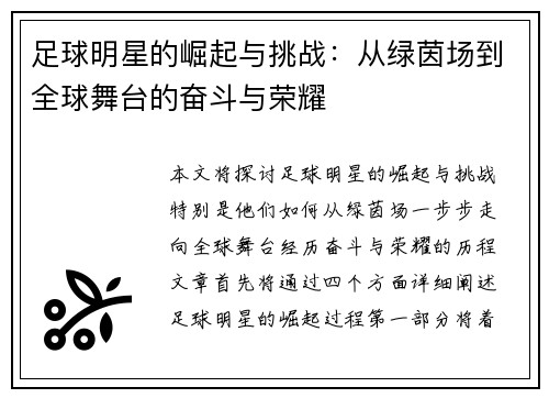 足球明星的崛起与挑战：从绿茵场到全球舞台的奋斗与荣耀