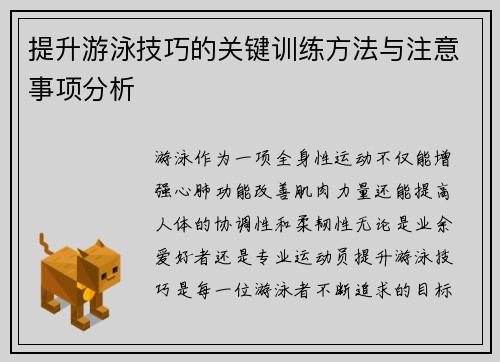 提升游泳技巧的关键训练方法与注意事项分析